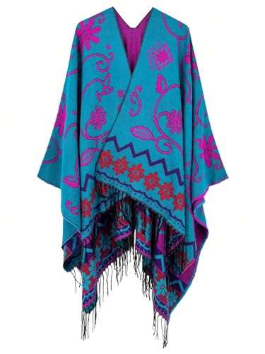 chuangminghangqi Winter Warm Poncho Schal Wrap Herbst Open Front Cape Winddichte Strick Mantel Decke Kap-Schal Übergroße Winterdecke Reversible Fransenponcho Damen Festliche Geschenke(Magenta) von chuangminghangqi