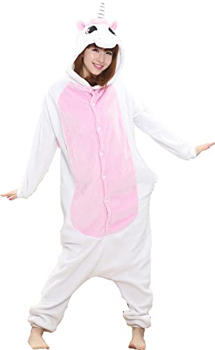 Lustiger Einhorn Kostüm Adult Animal Pyjamas Unisex Erwachsene Schlafanzug Damen mit Knopfleiste Kuschelig Tierkostüme Onesie Flanell Jumpsuit mit Kapuze Overall Damen Karneval(Rosa,S) von chuangminghangqi