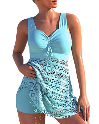 chuangminghangqi Badeanzug Damen 2 Teilig Große Größe Tankini Push up mit Shorts Bademoden Blu Cut Out Tank Top Bikini Swimsuits mit Badeshorts Schwimmanzug Bauchweg Badebekleidung(Blu pallido,XXL) von chuangminghangqi