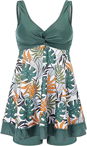 chuangminghangqi Badeanzug Damen 2 Teilig Tankini Push up Bademoden Grün Strap Print Tank Top Bikini Swimsuits mit Badeshorts(Grün,L) von chuangminghangqi