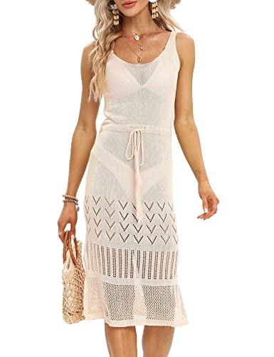 chuangminghangqi Damen Beige Cutout Rückenfrei Ärmellos Häkel Sommerkleid mit Kordelzug Sexy Rundhals Strick-Strandkleid Sommer Bikini Cover ups Strandkleidung Beachwear Curvy Freizeitkleid(Beige,XL) von chuangminghangqi