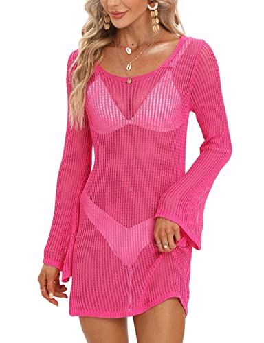 chuangminghangqi Damen Mesh Sommer Häkel Hohl Aus Beachkleid Rose Langarm Rundhals Strandponcho Strandurlaub Badeanzug Bikini Cover Ups Crochet Sommerkleid Strandkleid(Rose,L) von chuangminghangqi