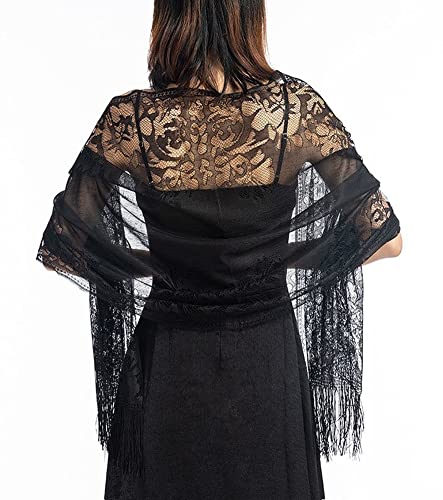 chuangminghangqi Damen Spitze Schal Sommer Stola Rechteck für Abendkleid Party Hochzeit Braut Brautjungfer Abschlussball stahlen Schärpe Schalverpackung Scha(Schwarz,Einheitsgröße) von chuangminghangqi