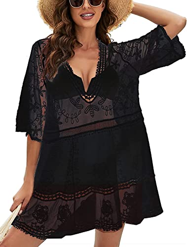 chuangminghangqi Damen Spitze Strandkleid Häkelspitze Bikini Badeanzug Cover Up Durchsichtig V-Ausschnitt Sommerkleid Mini-Strandkleid Strandkleidung(Schwarz,Einheitsgröße) von chuangminghangqi