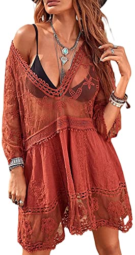 chuangminghangqi Damen Spitze Strandkleid Häkelspitze Bikini Badeanzug Cover Up Durchsichtig V-Ausschnitt Sommerkleid Mini-Strandkleid Strandkleidung(Ziegelrot,Einheitsgröße) von chuangminghangqi