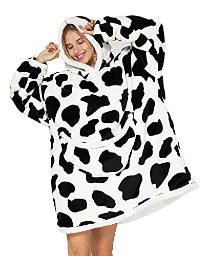 chuangminghangqi Deckenpullover Herren Flauschig Oversized Sweatshirt Pullover Damen Riesige Fronttasche Tragbare Hoodie Decke mit Ärmeln Kuschelpullover Warme Sofadecke Geschenk für ihn(Kuhfarbe) von chuangminghangqi