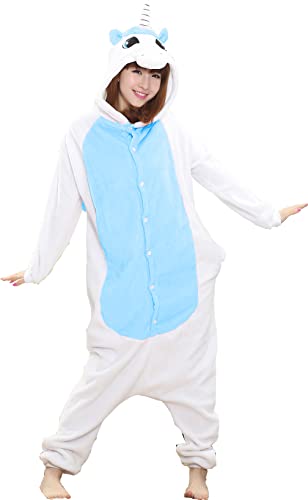 chuangminghangqi Einhorn Tier Onesie Unisex Overall Erwachsene mit Kapuze Schlafanzug Damen Tierkostüme Flanell Jumpsuit Kostüm Partyoutfit Themenparty Pyjama Faschingskostüme(Blau,L) von chuangminghangqi
