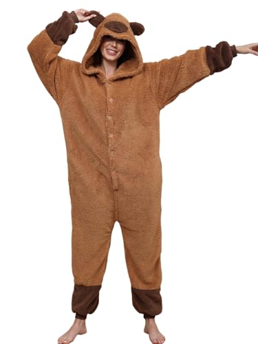chuangminghangqi Einteiliger Schlafanzug Damen Lang Winter Einteiler Tierkostüm Erwachsene Kostüm Jumpsuit Damen Kuschelig Pyjama Fleece Onesie Kleidung Mit Kapuze(Kapybara,S) von chuangminghangqi