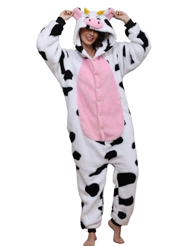 chuangminghangqi Einteiliger Schlafanzug Damen Lang Winter Einteiler Tierkostüm Erwachsene Kostüm Jumpsuit Damen Kuschelig Pyjama Fleece Onesie Kleidung Mit Kapuze(Rosa Kuh,M) von chuangminghangqi