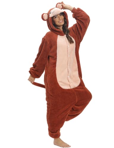 chuangminghangqi Einteiliger Schlafanzug Damen Lang Winter Einteiler Tierkostüm Erwachsene Kostüm Jumpsuit Damen Kuschelig Pyjama Fleece Onesie Kleidung Mit Kapuze und Reißverschluss (Affe-7132, S) von chuangminghangqi