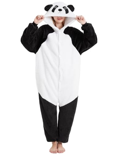 chuangminghangqi Erwachsene Einteiler Schlafanzug Mit Kapuze Panda Onesie Kostüm Winteranzug mit Knopfleiste Overall Fasching Damen Lustiger Party Schlafanzug Geschenk für sie und ihn(Weiß-7108,XL) von chuangminghangqi