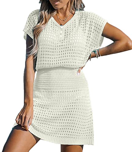 chuangminghangqi Frauen Badeanzug Cover Up V-Ausschnitt Kurzarm Häkel-Sommerkleid Weiß Hohl Aus Bikini Strandbekleidung Mesh Strandkleider Beachwear Urlaubskleid(Weiß,Einheitsgröße) von chuangminghangqi