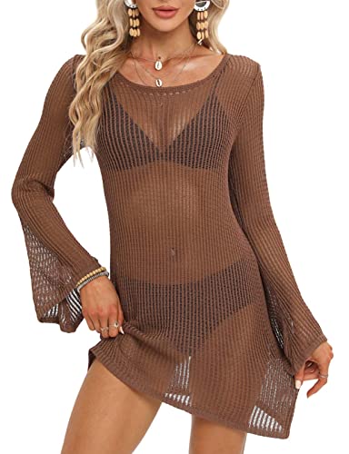 chuangminghangqi Frauen Häkel Bademode Cover Up Rundhals Langarm Häkel Sommerkleid Braun Hohl Aus Bikini Strandbekleidung Mesh Strandkleider Beachwear Sonnenshirt(Braun,M) von chuangminghangqi