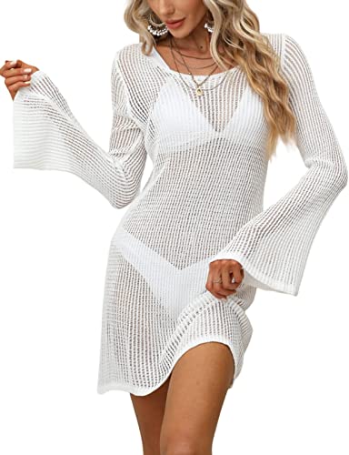 chuangminghangqi Frauen Häkel Strandtunika Damen Rundhals Langarm Häkel Sommerkleid Weiß Hohl Aus Bikini Strandbekleidung Mesh Strandkleider Beachwear Strandkleidung(Weiß,L) von chuangminghangqi