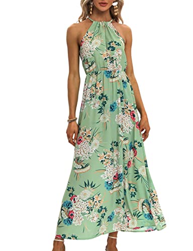 chuangminghangqi Gedrucktes Kleid für den Sommer, langes, elastisches Kleid in der Taille, elegante lange Kleider mit Schlitz und verstellbaren Trägern am Hals, Maxi-Kleid für Damen, Grün-5270, L von chuangminghangqi