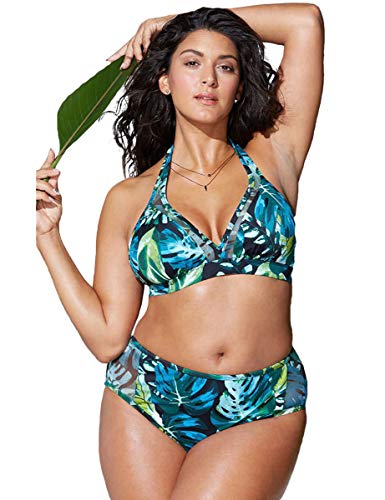 chuangminghangqi High Waist Bikini Set Übergröße Oversize Bikini Tankini Bademode Badeanzug Damen Plus Size Swimsuit Retro Swimwear Damen Bauchweg (Grün-1295, XX-Large) von chuangminghangqi