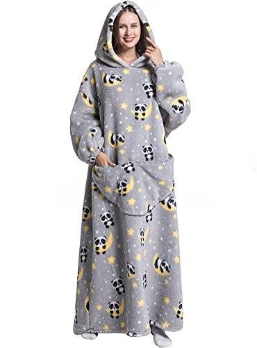 Kuscheldecke mit Ärmeln Oversized Pullover Damen Riesige Fronttasche Plüsch Tragbare Decke Verlängert Decken Hoodie Warme Schlafanzug Hausanzug Deckenpullover für Camping(Einheitsgröße,Panda) von chuangminghangqi