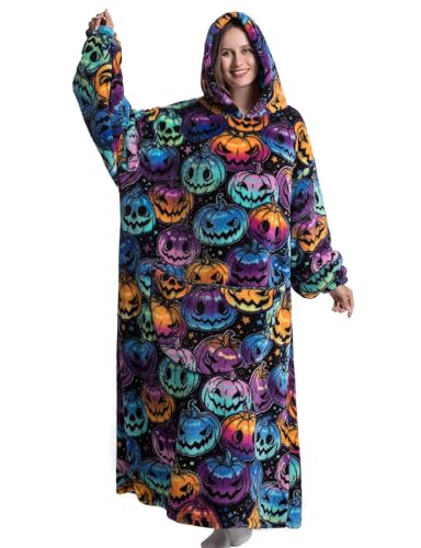 Hooded Blanket Sweatshirt Oversized Pullover Damen Riesige Fronttasche Plüsch Tragbare Decke mit Ärmeln Verlängert Übergroße Decken Hoodie Warme Schlafanzug(Einheitsgröße,Kürbis) von chuangminghangqi