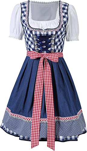 chuangminghangqi Oktoberfest Damen Outfit Dirndl Damen Midi Kariert Kleid Hochzeit Gast Dirndlbluse Trachtenkleid Dienstmädchen Kostüm Sexy inkl. Kleid, Bluse, Schürze(X-Large,Blau) von chuangminghangqi