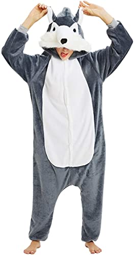 chuangminghangqi Panda Pinguin Pyjamas Unisex Erwachsene Schlafanzug Damen Flanell Jumpsuit Kostüm Tierkostüme Onesie (Wolf-grau, L) von chuangminghangqi