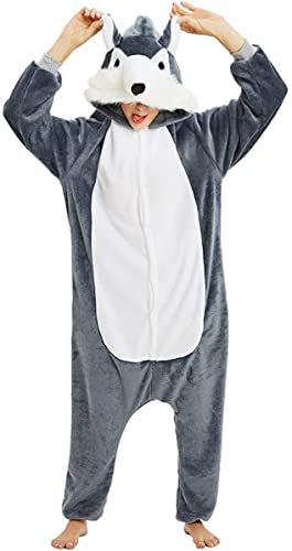 chuangminghangqi Panda Pinguin Pyjamas Unisex Erwachsene Schlafanzug Damen Flanell Jumpsuit Kostüm Tierkostüme Onesie (Wolf-grau, M) von chuangminghangqi