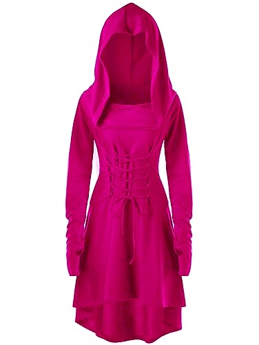 chuangminghangqi Renaissance Kostüm Damen Robe zum Schnüren Mittelalter Kleid mit Kapuze Langarm Retro Gothic Cosplay Halloween Karneval (S,Rosa) von chuangminghangqi