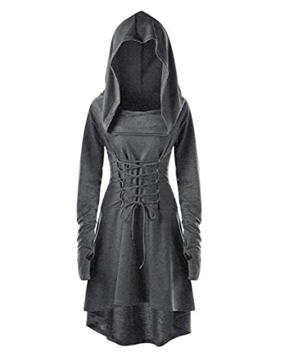 chuangminghangqi Renaissance Kostüm Damen Robe zum Schnüren Mittelalter Kleid mit Kapuze Langarm Retro Gothic Cosplay Halloween Karneval (XXL, Grau) von chuangminghangqi