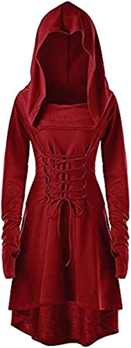 chuangminghangqi Renaissance Kostüm Damen Robe zum Schnüren Mittelalter Kleid mit Kapuze Langarm Retro Gothic Cosplay Halloween Karneval (XXL, Rot) von chuangminghangqi