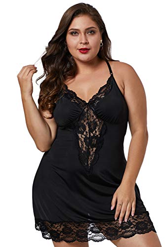 chuangminghangqi Sexy Spitze Pyjama Übergrößen Damen Nachthemd mit verstellbaren Trägern Ärmellos Unterkleid V-Ausschnitt Kleid mit String, Schwarz , 50 von chuangminghangqi