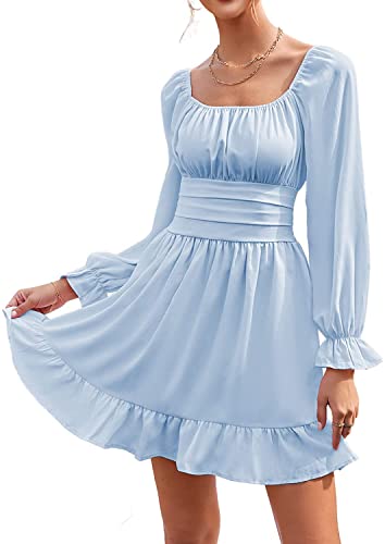 Frauen Laterne Langarm Blau Minikleider Rückenfrei Eckiger Ausschnitt Chiffonkleid A-Linien-Kleider Sommerkleid Kurz Festliche Kleider Cocktailkleid Brautjungfernkleid(Blau,M) von chuangminghangqi