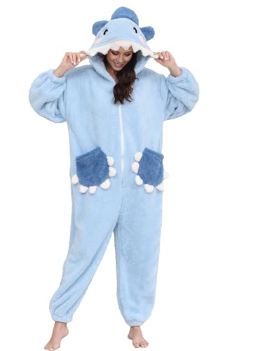 chuangminghangqi Tierkostüm Onesie Gemütlicher Winteranzug Erwachsene Einteiler Schlafanzug Kuscheloverall Damen Flauschig Mit Kapuze Ganzkörper Pyjama Hai Kostüm Faschingskostüme(Hai,XL) von chuangminghangqi