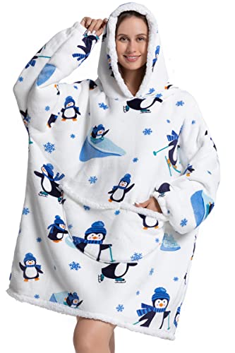 Tragbare Hoodie Decke mit Ärmeln Oversized Sweatshirt Pullover Herren Riesige Fronttasche Kuscheldecke Couch Decken Warme Schlafanzug Frauen Geschenk Pulloverdecke für Camping(Weißer Pinguin) von chuangminghangqi