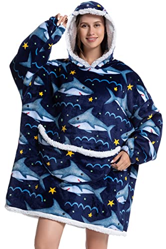 Hooded Blanket Sweatshirt Oversized Pullover Damen Riesige Fronttasche Tragbare Decke mit Ärmeln Übergroße Kuscheldecke Warme Schlafanzug Sofadecke Decken Pulli für Camping(Marineblauer Hai) von chuangminghangqi