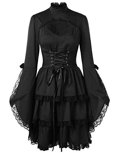 chuangminghangqi. Gotische Spitze Lolita Kleid Elegante Vintage Kurze Kleidung Karneval Frauen Cosplay Kostüm Partei Kleider Mittelalter Zeremonie Kleid Langarm Cocktail Kostüme, Schwarz, XXL von chuangminghangqi