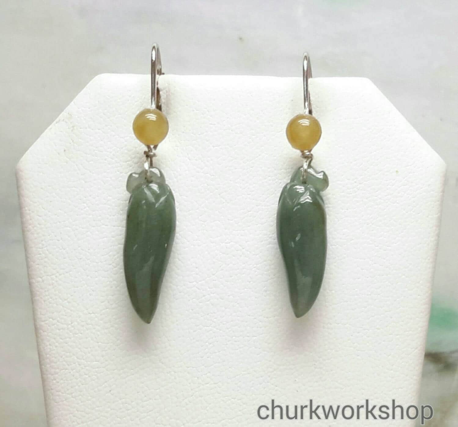 Natürliche Farbe Jade Ohrringe, Baumelnde Grüne Silberne Ohrringe Natürliche Farbe Jade Ohrringe, Baumelnde Grüne Silberne Ohrringe von churkworkshop