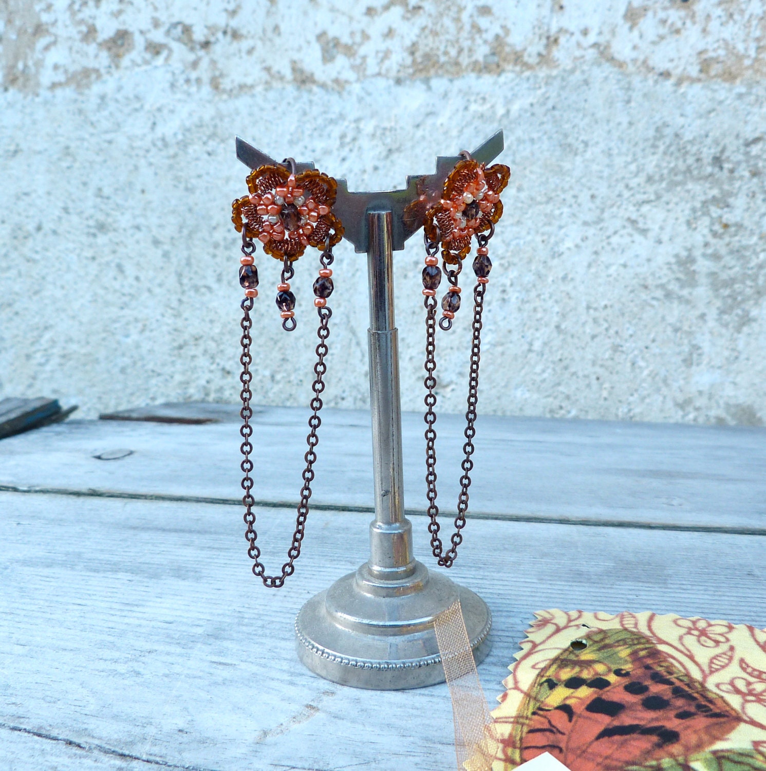 Fleurs Oranges /Handmade in France Langer Anhänger Baumelt Ohrringe von cielmesbijoux