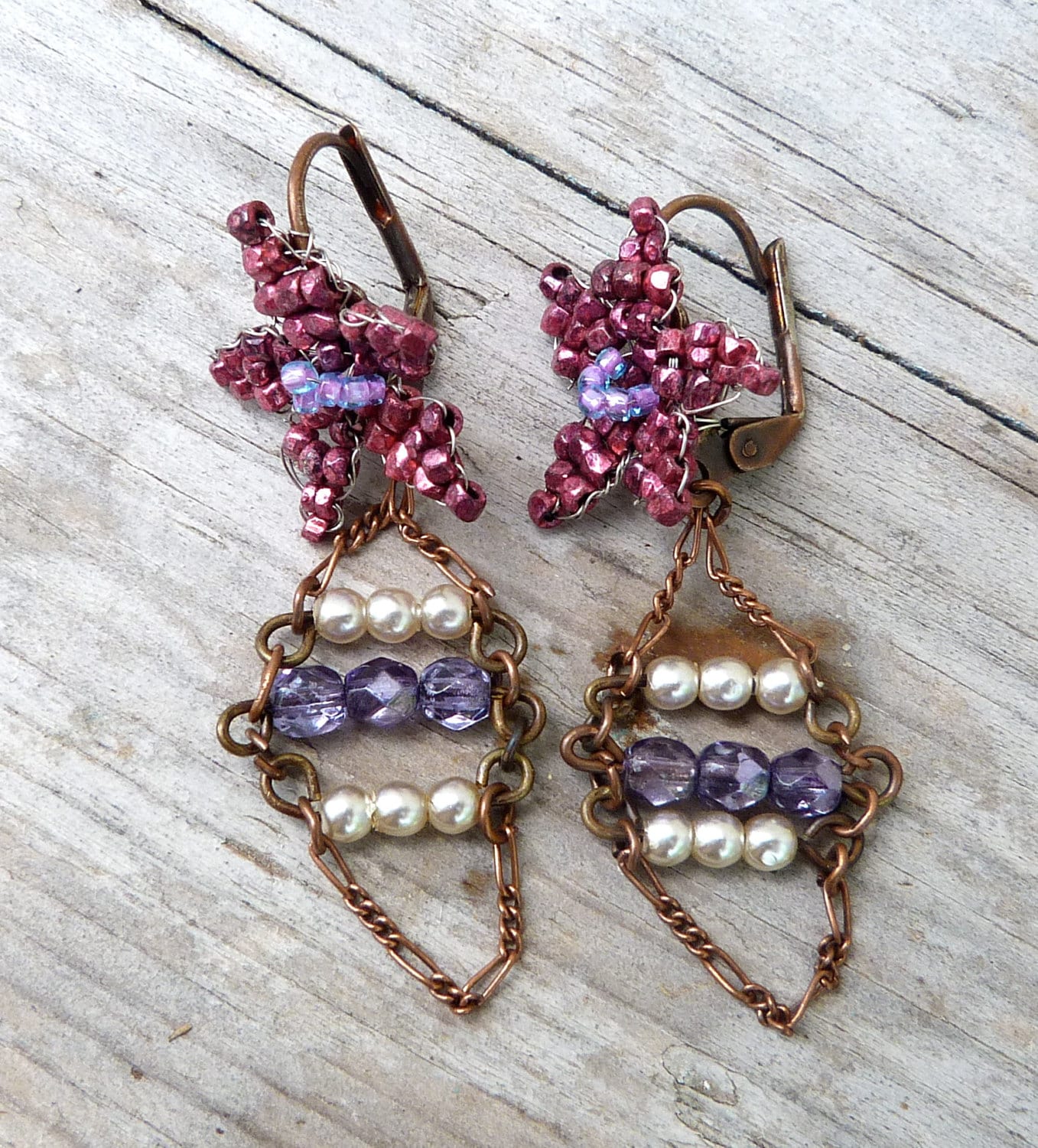 Fleurs Violettes /Handmade in France Lila & Perlen Lange Anhänger Baumelt Ohrringe von cielmesbijoux