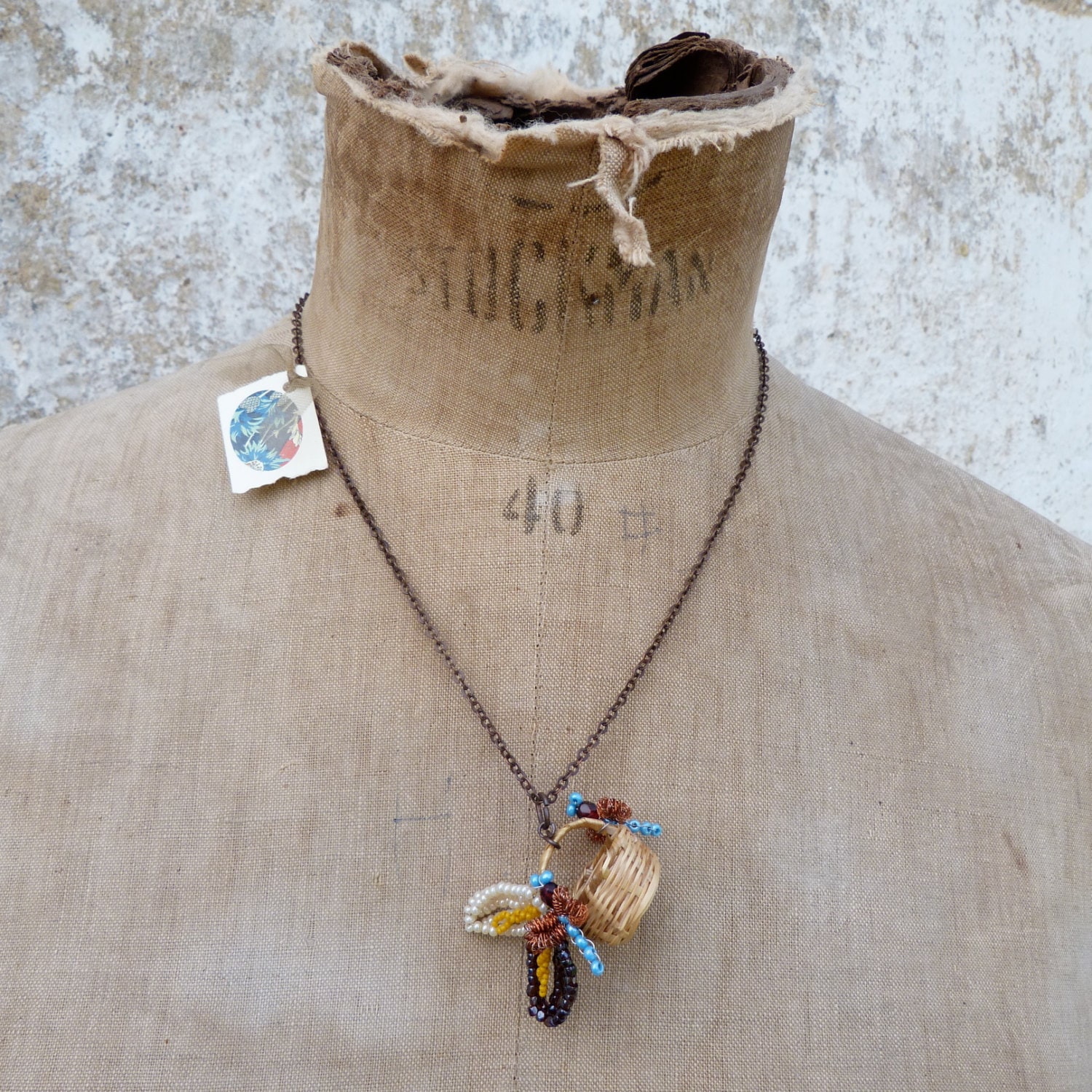 Petit Panier Halskette Glassamen Perlen Bienen Auf Echtem Lilliput Korb & Dünne Kupfer von cielmesbijoux