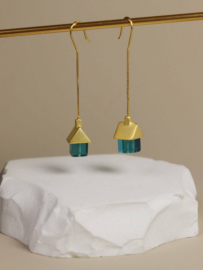 Haus Ohrringe-sterling Silber Kleines Quaste Kette Ohrring-Silber Gold Dach-Zierliche Schmuck-Geschenk Für Sie von cindysilverstudio