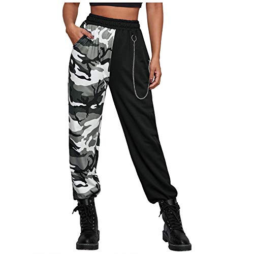 cinnamou Damen Cargo Hosen mit Kette Gothic Hosen Hohe Taille Cargo Hose Mehrfachtasche Punk Hosen Frauen Armee Militär Hip Hop Jogger Street Hose (Punk-1664Grau, L) von cinnamou Damen