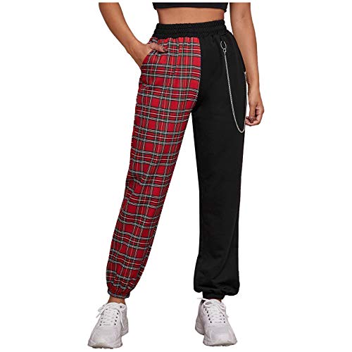 cinnamou Damen Cargo Hosen mit Kette Gothic Hosen Hohe Taille Cargo Hose Mehrfachtasche Punk Hosen Frauen Armee Militär Hip Hop Jogger Street Hose (Punk-1664rot, XL) von cinnamou Damen