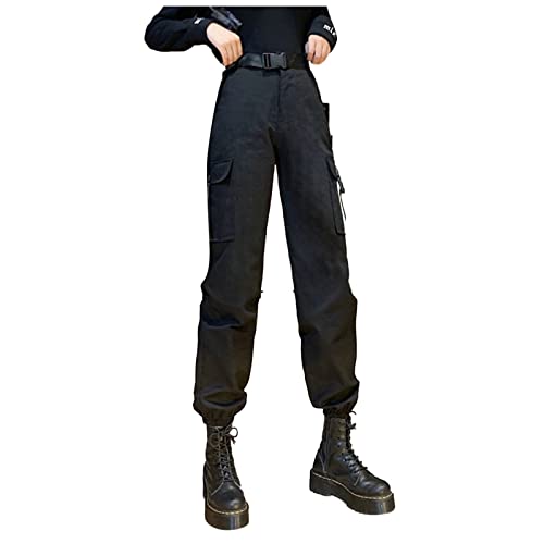 cinnamou Damen Gothic Hosen, Hohe Taille Cargo Hose Mehrfachtasche Tasche Hosen Punk Hosen Frauen Armee Militär Hip Hop Jogger Street Hose mit Reißverschluss von cinnamou Damen