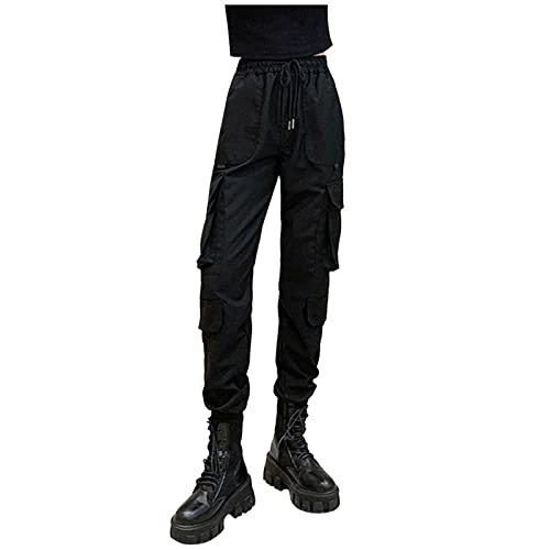 cinnamou Damen Gothic Hosen, Hohe Taille Cargo Hose Mehrfachtasche Tasche Hosen Punk Hosen Frauen Armee Militär Hip Hop Jogger Street Hose mit Reißverschluss von cinnamou Damen