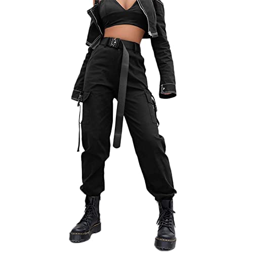 cinnamou Damen Gothic Hosen, Hohe Taille Cargo Hose Mehrfachtasche Tasche Hosen Punk Hosen Frauen Armee Militär Hip Hop Jogger Street Hose mit Reißverschluss von cinnamou Damen