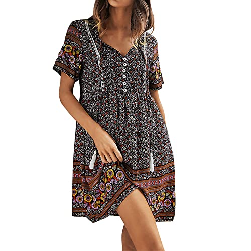 Boho Kleid Damen, Sommerkleid Bohemian Tunika Kleid Blumenkleid Strandkleid Dresses Kleider Lang Elegant Sommer Swing Damenkleid Kimono Hippie kostüm Festival Outfit Damen Minikleid T Shirt Kleid von cinnamou