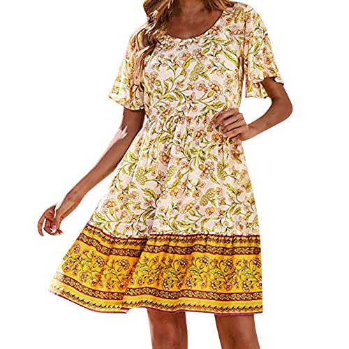 Boho Kleid Damen, Sommerkleid Bohemian Tunika Kleid Blumenkleid Strandkleid Dresses Kleider Lang Elegant Sommer Swing Damenkleid Kimono Hippie kostüm Festival Outfit Damen Minikleid T Shirt Kleid von cinnamou