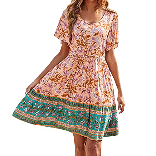 Boho Kleid Damen, Sommerkleid Bohemian Tunika Kleid Blumenkleid Strandkleid Dresses Kleider Lang Elegant Sommer Swing Damenkleid Kimono Hippie kostüm Festival Outfit Damen Minikleid T Shirt Kleid von cinnamou