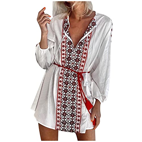 Boho Kleid Damen, Sommerkleid Bohemian Tunika Kleid Blumenkleid Strandkleid Dresses Kleider Lang Elegant Sommer Swing Damenkleid Kimono Hippie kostüm Festival Outfit Damen Minikleid T Shirt Kleid von cinnamou