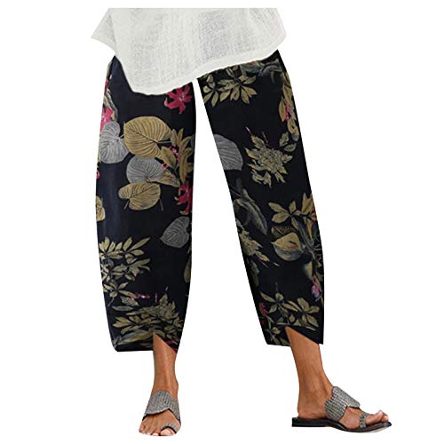 Damen Baumwolle und Leinen Hose 7/8 Sommerhosen Leicht Lockere mit Elastischem Bund Casual Solid Pocket Loose Fit, mit Kleine Grafik Pants von cinnamou