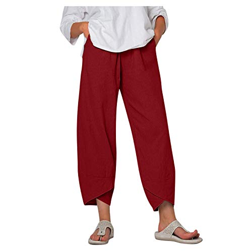 Damen Baumwolle und Leinen Hose 7/8 Sommerhosen Leicht Lockere mit Elastischem Bund Casual Solid Pocket Loose Fit, mit Kleine Grafik Pants von cinnamou